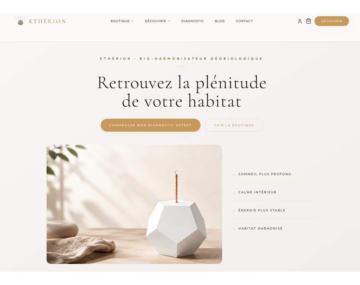 Page d'accueil d'Ethérion présentant le bio-harmonisateur géobiologique — site créé par GO by BioHarmonisation