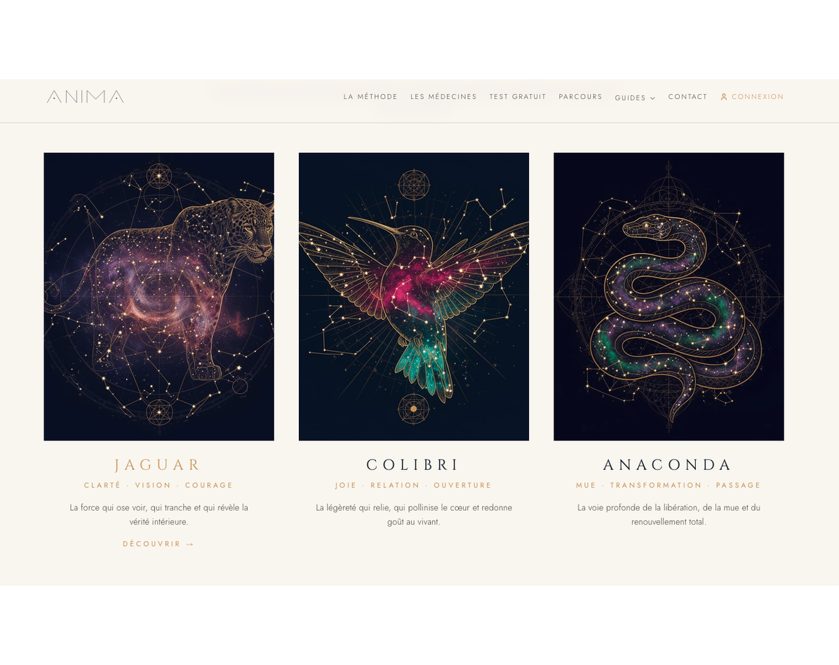 Page du site Anima présentant les archétypes Jaguar, Colibri et Anaconda — site créé par GO by BioHarmonisation