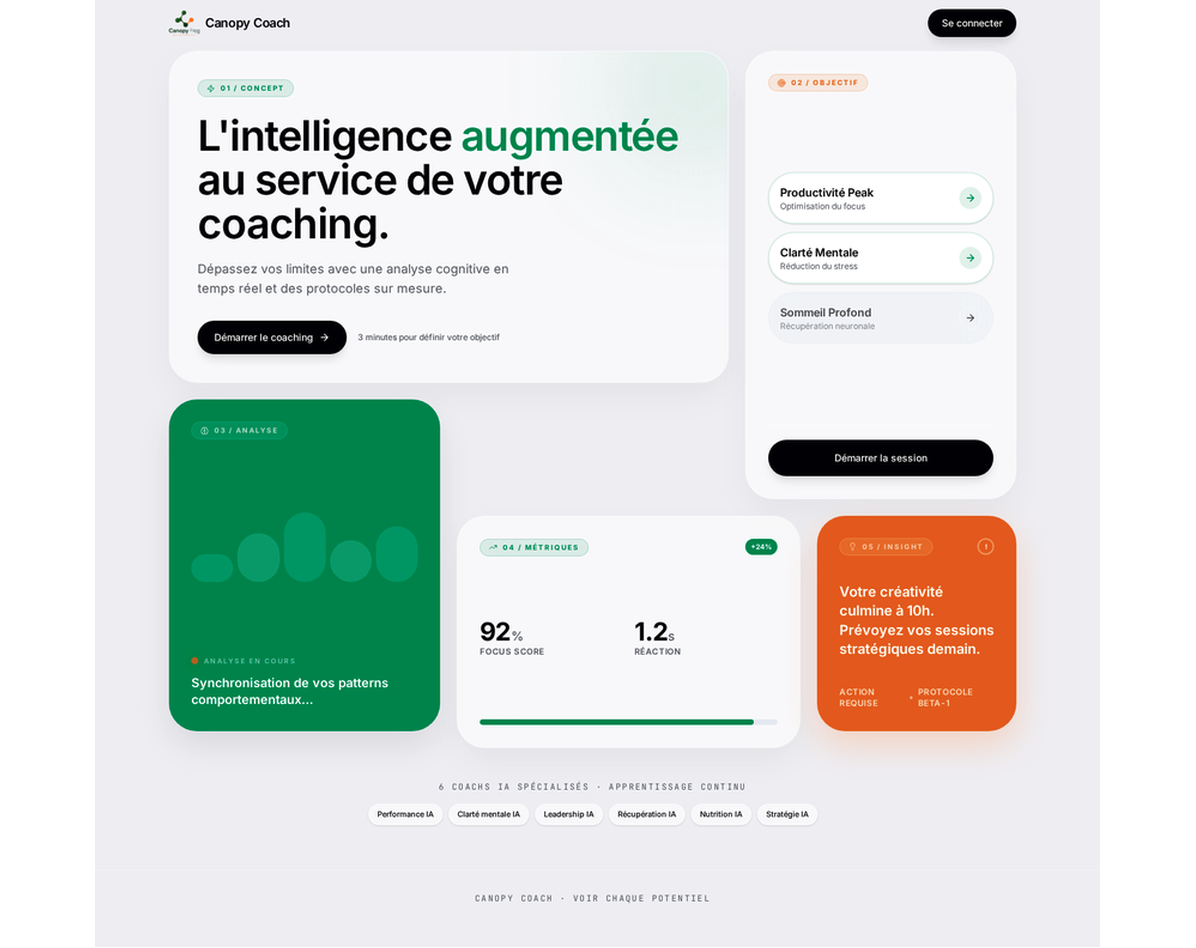 Dashboard Canopy Coach présentant les objectifs, l'analyse comportementale et les métriques de performance — site créé par GO by BioHarmonisation