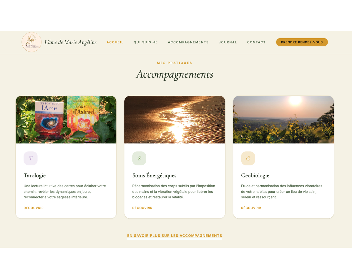 Page d'accueil du site L'Âme de Marie Angéline présentant ses accompagnements — site créé par GO by BioHarmonisation