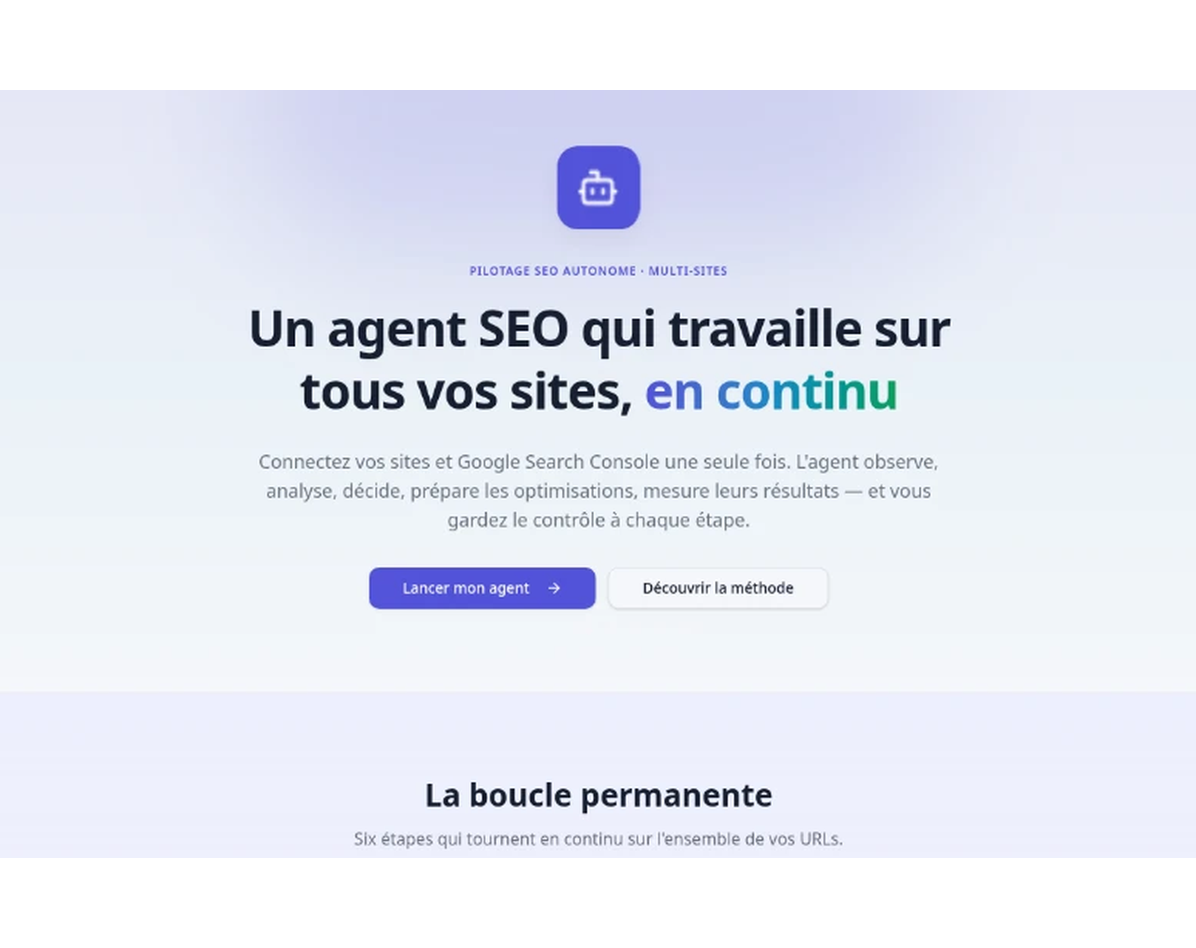 Page d'accueil de l'application Agent SEO, pilotage du référencement en continu sur plusieurs sites — site créé par GO by BioHarmonisation