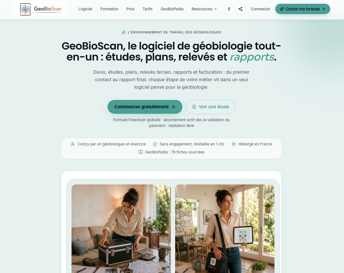Page d'accueil de GeoBioScan, logiciel de géobiologie tout-en-un — site créé par GO by BioHarmonisation