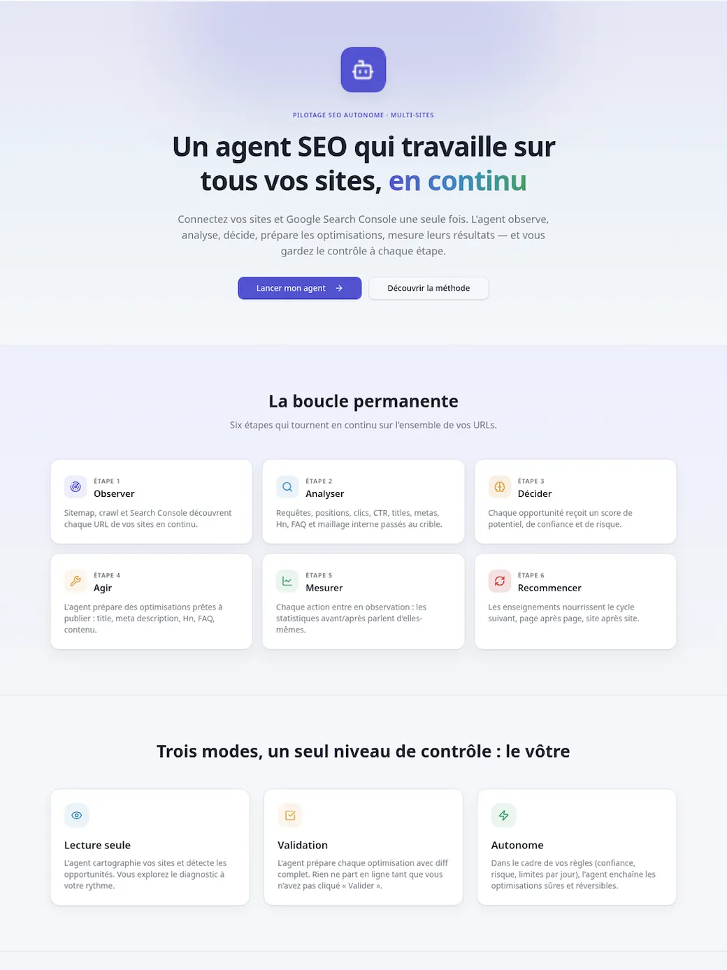 Page de présentation d'une application métier sur mesure avec ses étapes et modes de fonctionnement