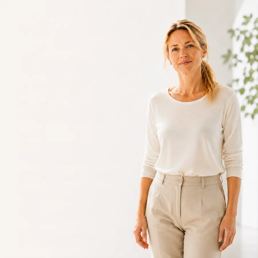 Thérapeute bien-être souriante devant son cabinet, illustrant un site internet de praticien créé par GO